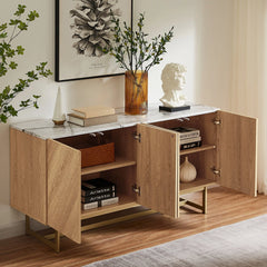 Roomfitters 57�?mid Century Modern TV Stand, Herringbone Pattern Buffet Cabinet Sideboard Credenza, Marble Top Media Console Entertainment Center for Living Room, Entryway (Oak Wood, Gold Metal Legs)