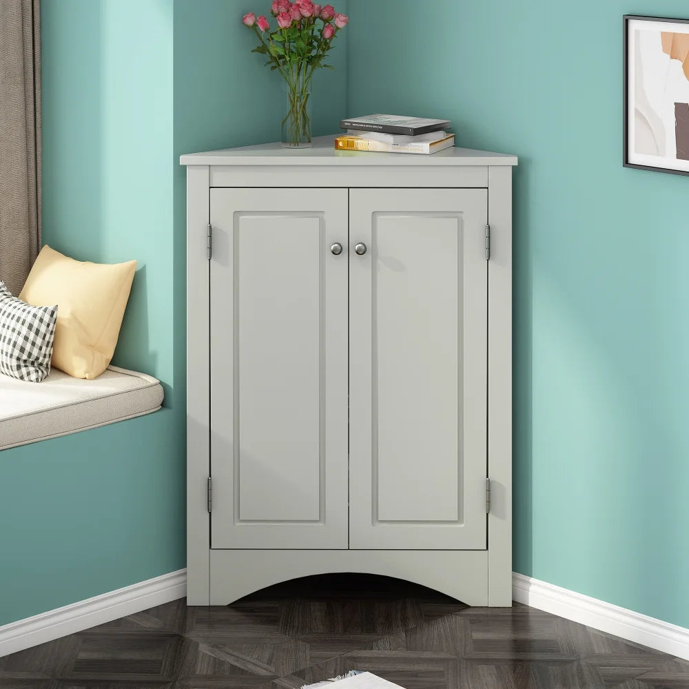 Home Floor Corner Cabinet with Adjustable Shelves and Two Doors, Triangle Bathroom Storage Cabinet, Modern Style Freestanding Floor Cabinet for Kitchen, Living Room and Hall, Oak