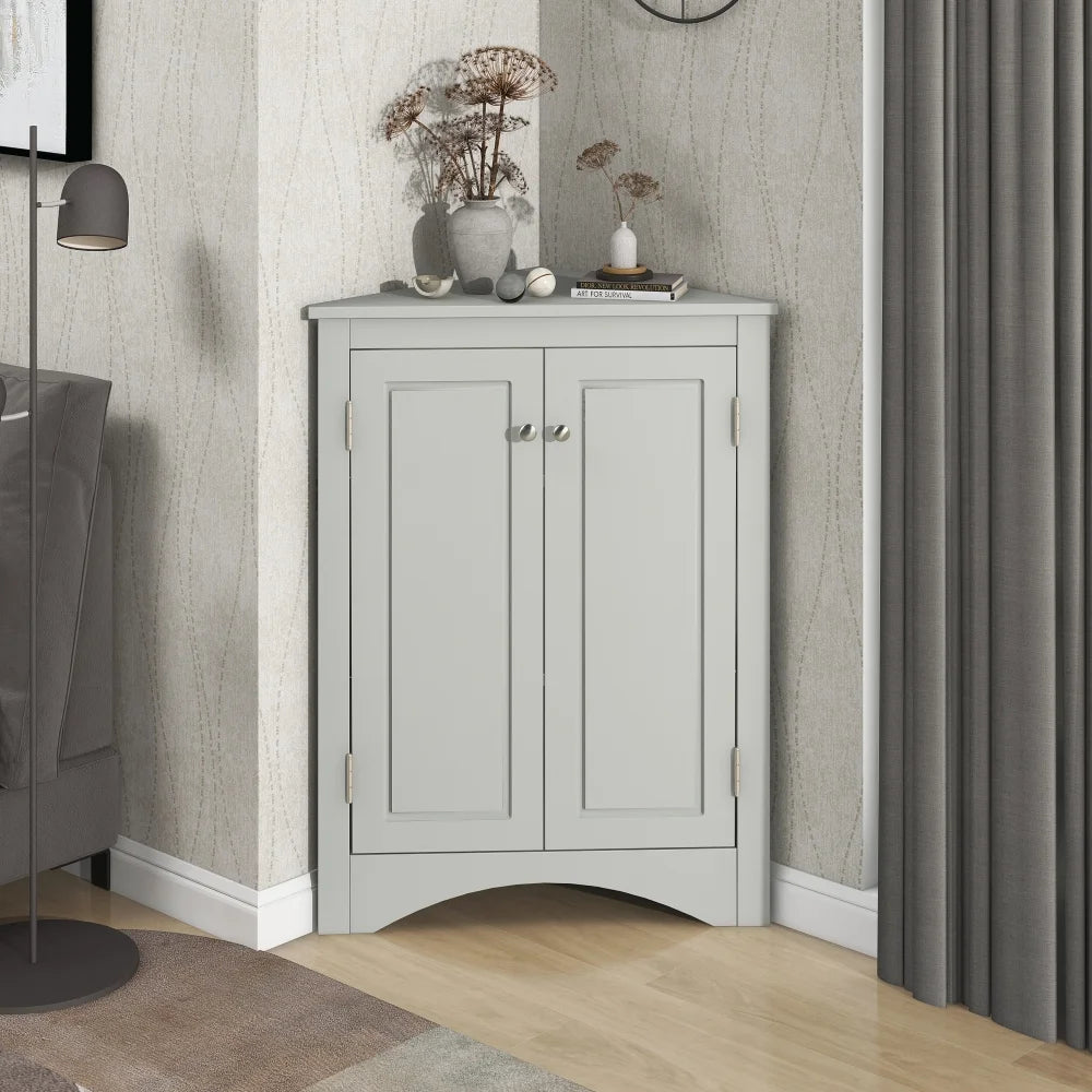 Home Floor Corner Cabinet with Adjustable Shelves and Two Doors, Triangle Bathroom Storage Cabinet, Modern Style Freestanding Floor Cabinet for Kitchen, Living Room and Hall, Oak