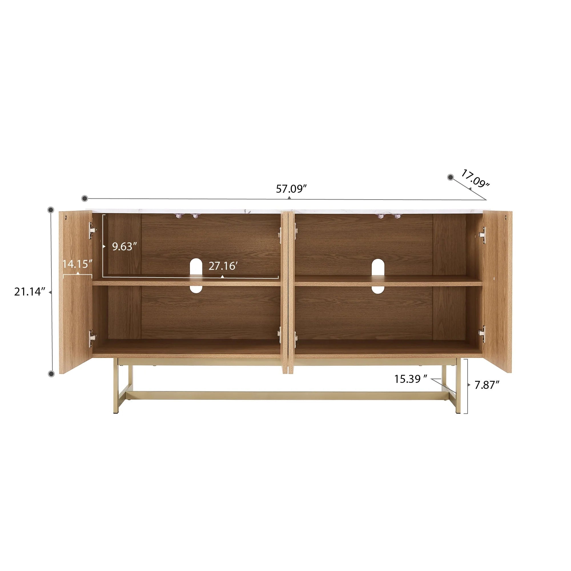 Roomfitters 57�?mid Century Modern TV Stand, Herringbone Pattern Buffet Cabinet Sideboard Credenza, Marble Top Media Console Entertainment Center for Living Room, Entryway (Oak Wood, Gold Metal Legs)