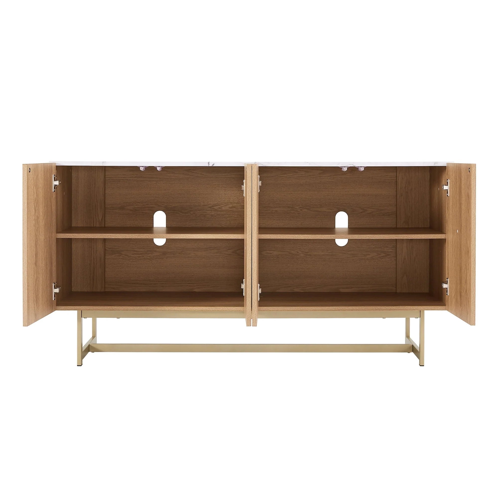 Roomfitters 57�?mid Century Modern TV Stand, Herringbone Pattern Buffet Cabinet Sideboard Credenza, Marble Top Media Console Entertainment Center for Living Room, Entryway (Oak Wood, Gold Metal Legs)