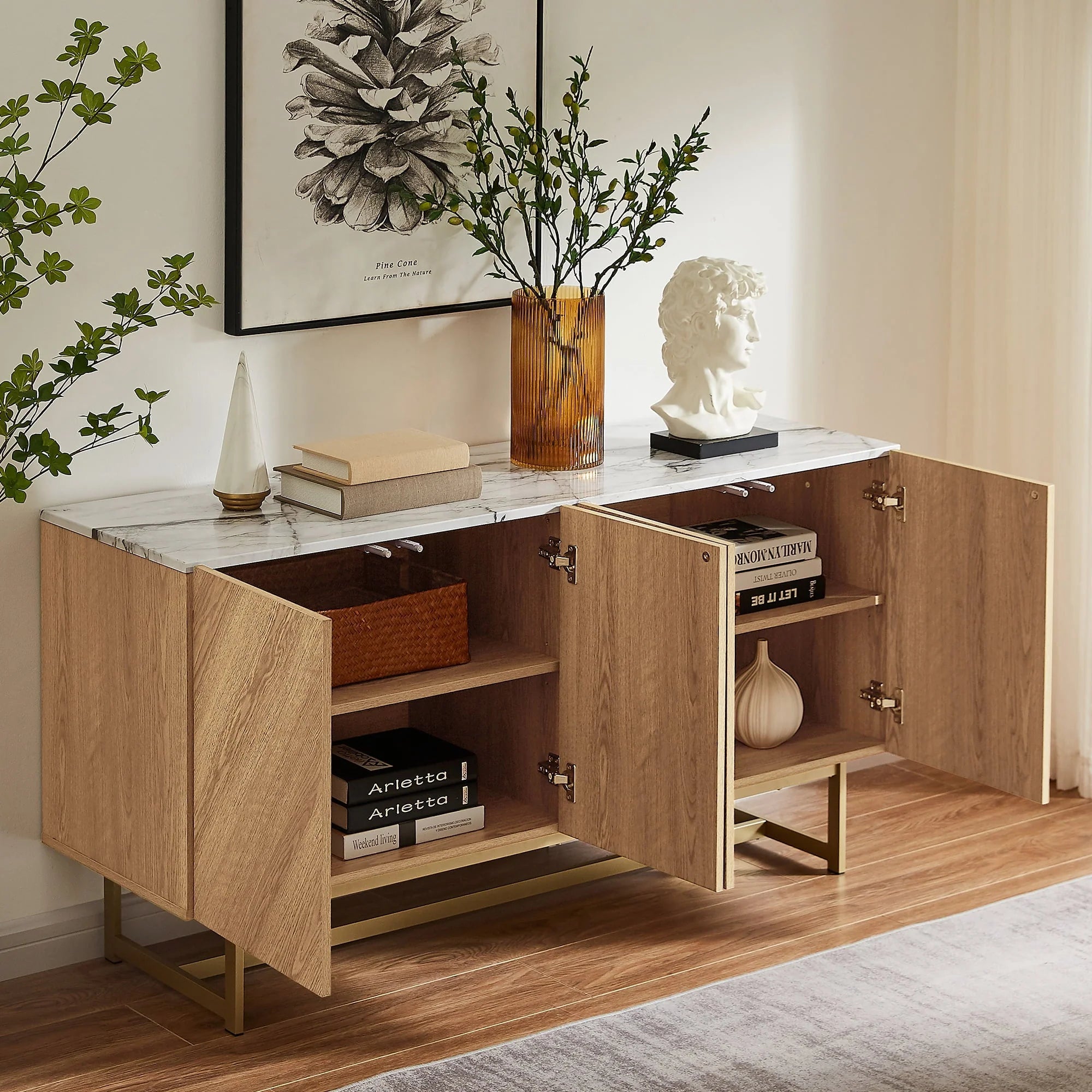 Roomfitters 57�?mid Century Modern TV Stand, Herringbone Pattern Buffet Cabinet Sideboard Credenza, Marble Top Media Console Entertainment Center for Living Room, Entryway (Oak Wood, Gold Metal Legs)