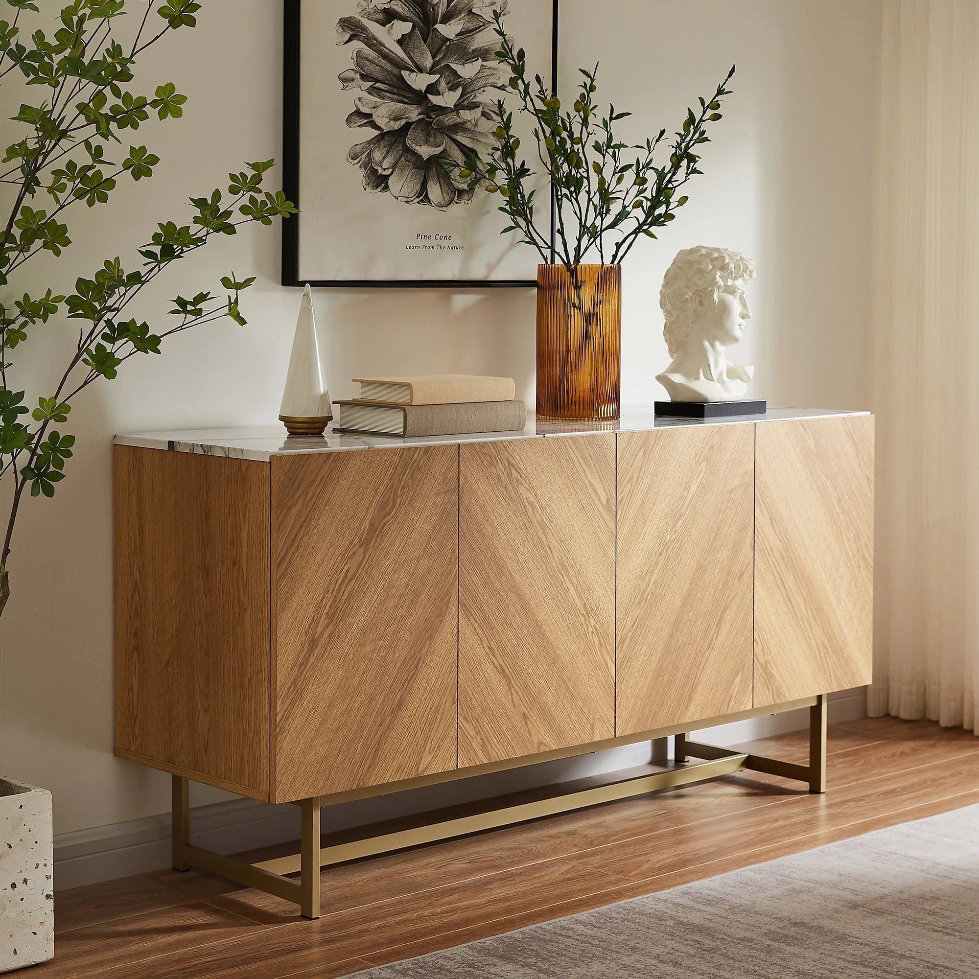 Roomfitters 57�?mid Century Modern TV Stand, Herringbone Pattern Buffet Cabinet Sideboard Credenza, Marble Top Media Console Entertainment Center for Living Room, Entryway (Oak Wood, Gold Metal Legs)
